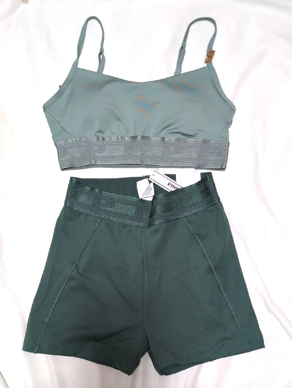 PINK Victoria's Secret Sage Green Active Bra Top Bike Shorts Workout Outfit - Picture 1 of 12